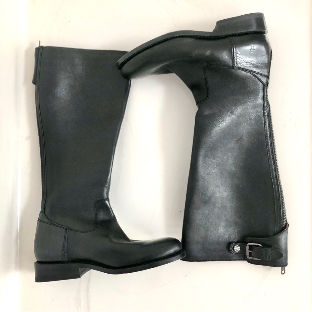 FRYE BLACK LEATHER JAYDEN BUCKLE BACK BOOTS